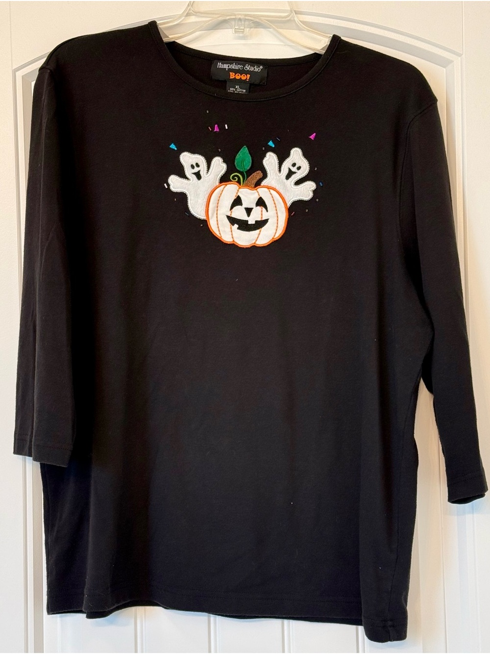 Vintage Y2K Hampshire Studio BOO! Women's Black Halloween embroidered top